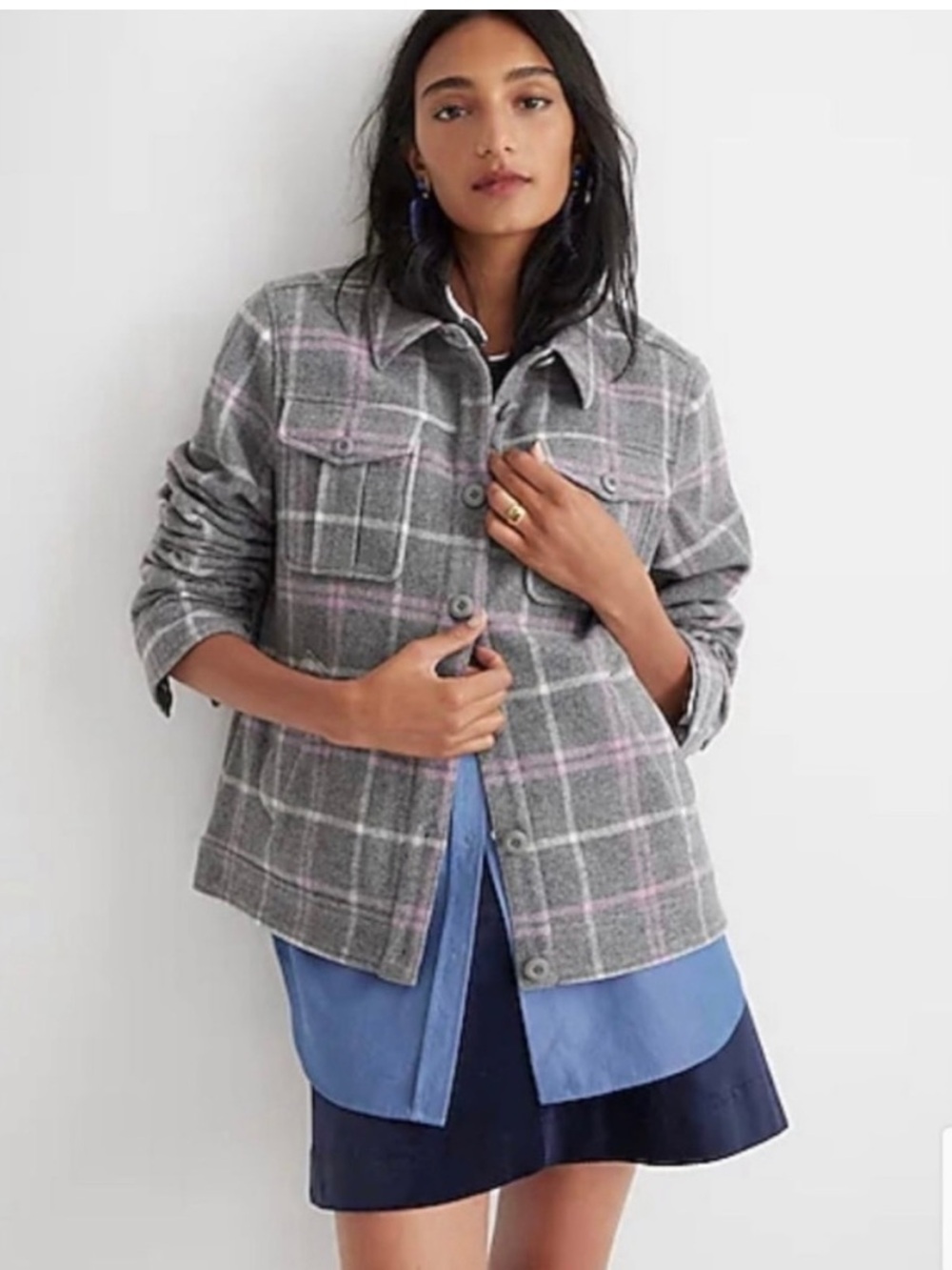 J. Crew Shirt Jacket Stretch Wool-blend Plaid Pink and Gray Shacket Size Medium